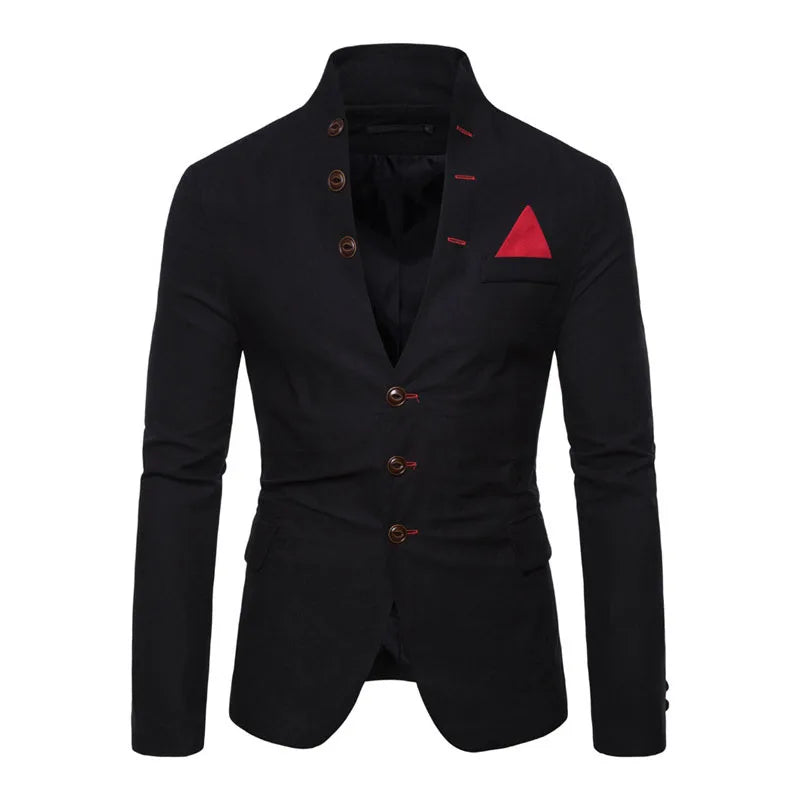 Men's slim fit casual blazer with multi-button decoration, stand collar, solid color, suitable for dress, stage, or party wear.