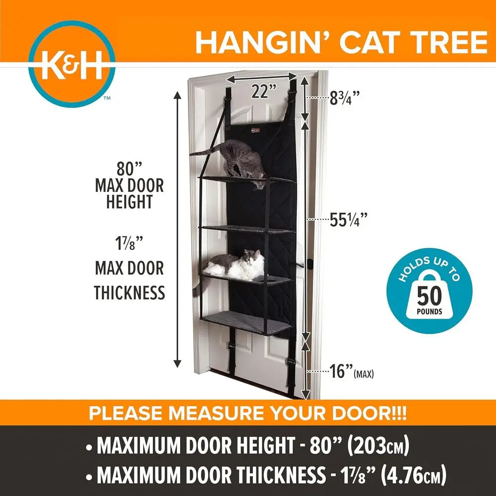 Multi-level door-mounted cat tree by K&H Pet Products with hanging perches and cozy platforms for cats to climb and relax.