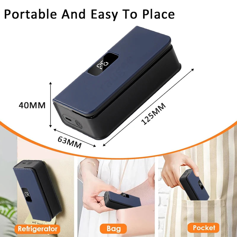 Showlu Smart General Mini Bag Sealer in use, sealing a plastic bag to keep food fresh. Compact, handheld kitchen appliance.