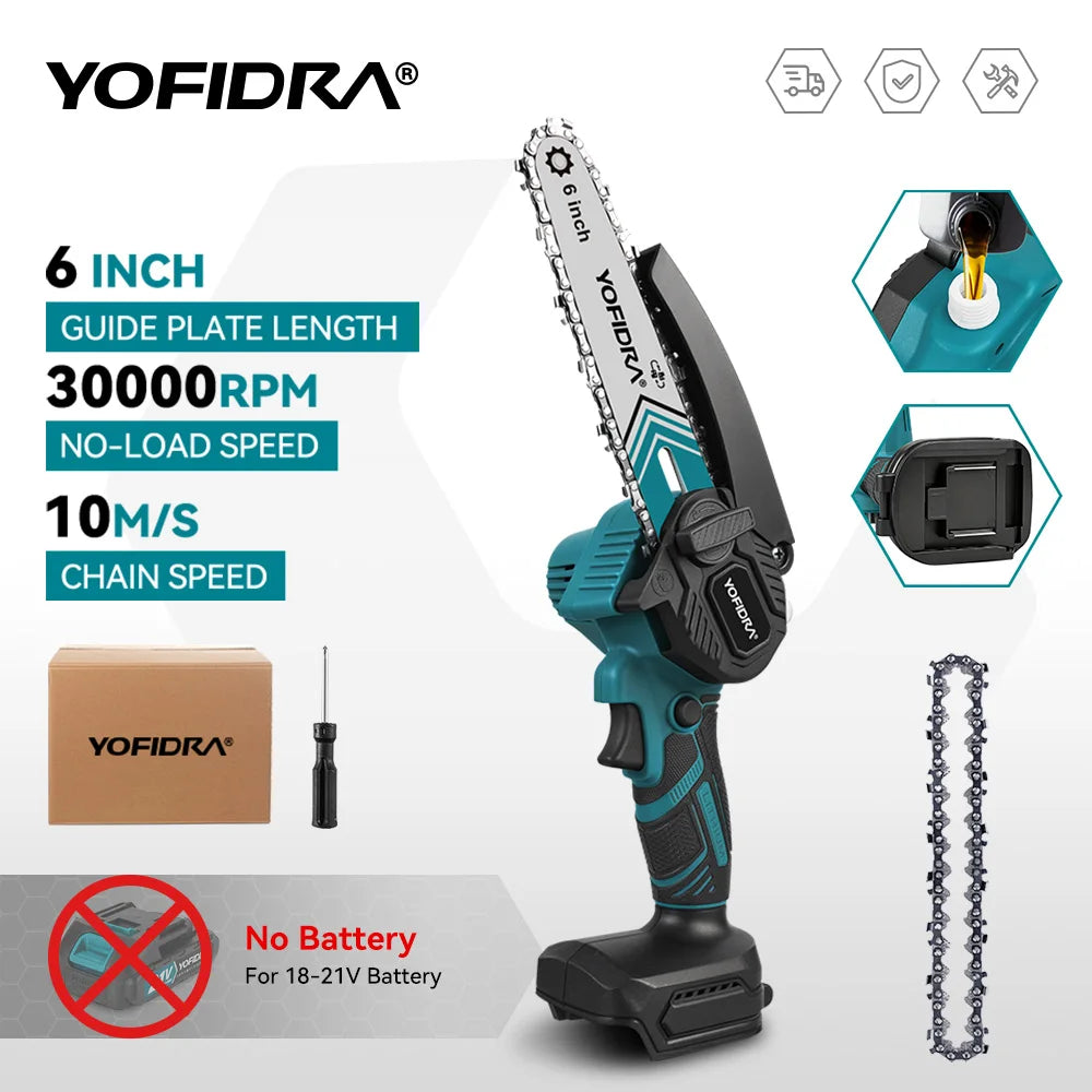 Showlu Smart General Yofidra 6-inch electric chainsaw with a black and orange body, featuring a compact design and safety features.