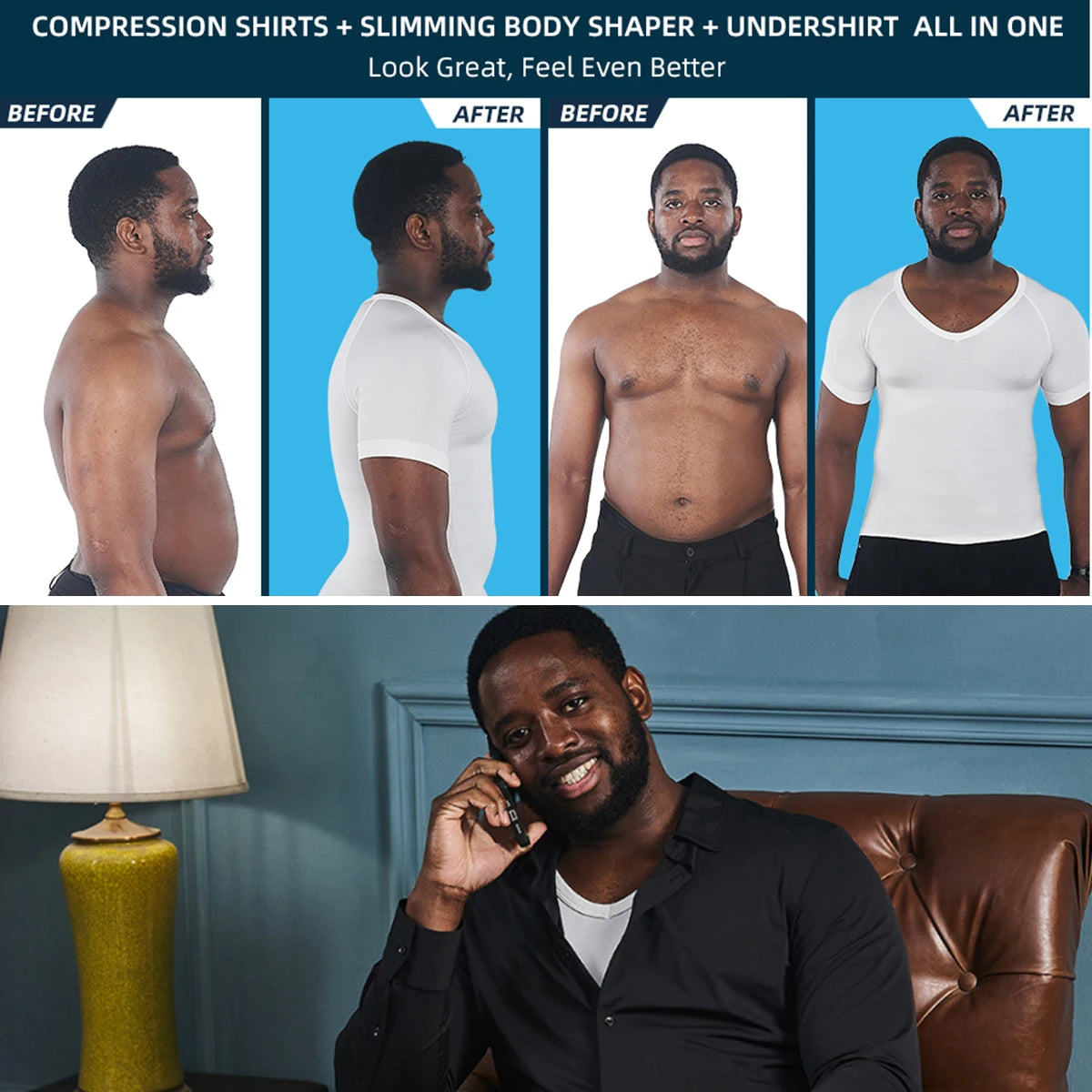 Men Body Shaper V-Neck Compression Shirts Short Sleeved Slimming Undershirt Workout Abs Abdomen Tummy Control Shapewear Tops