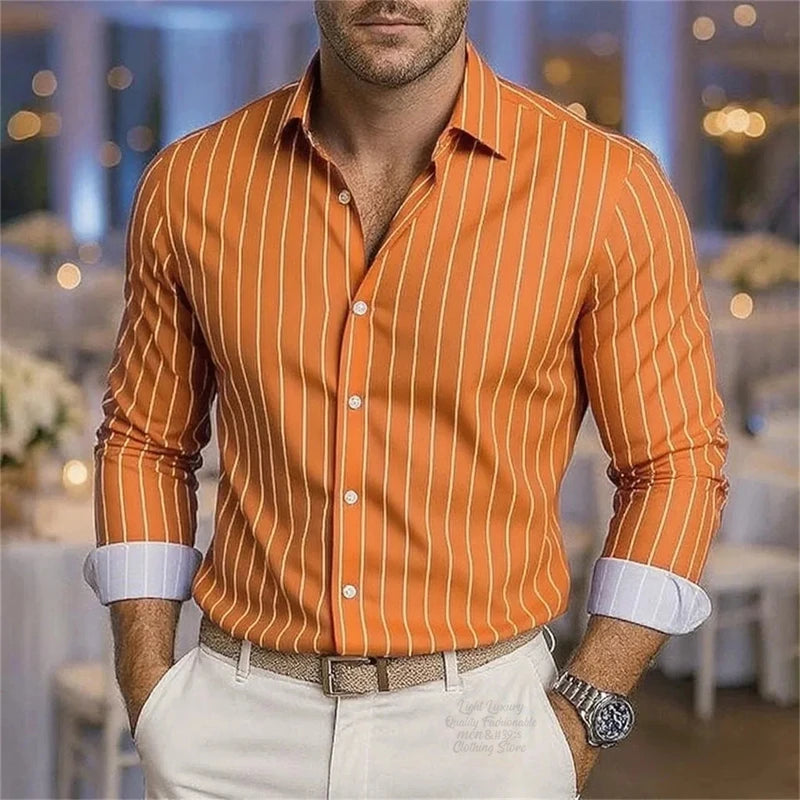 Men's stylish striped casual shirt with long sleeves and button-down lapel, breathable fabric, high-quality men's top by Showlu Fashion