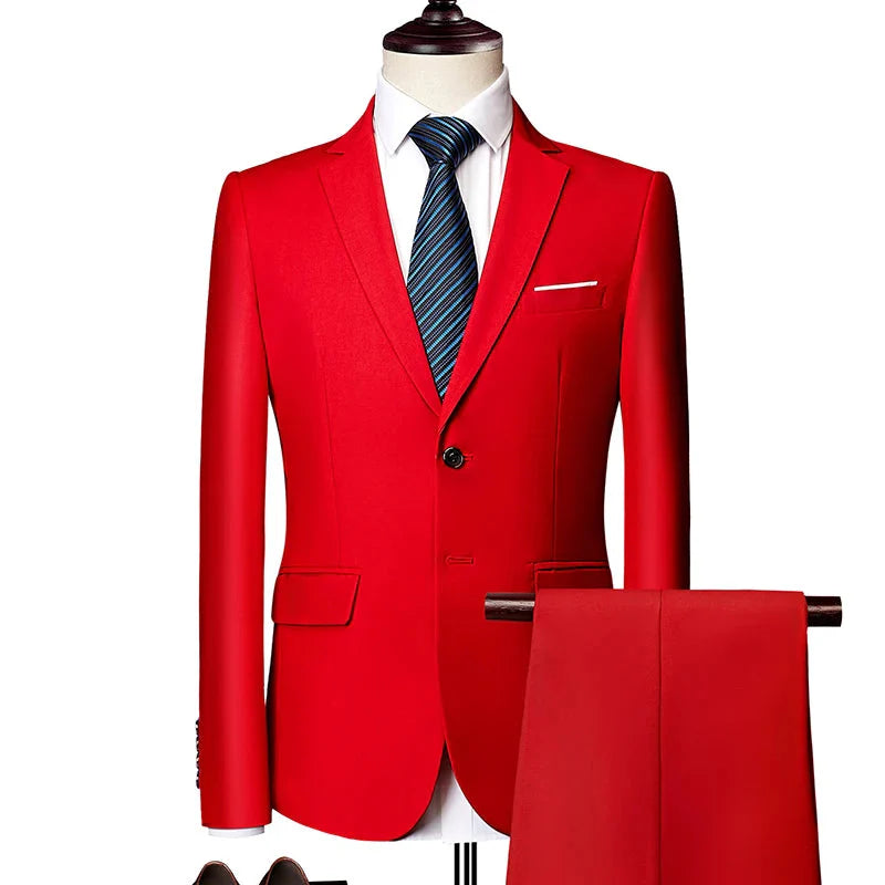 SHOWLU men's pink three-piece wedding suit with slim fit design, suitable for business casual and formal occasions.