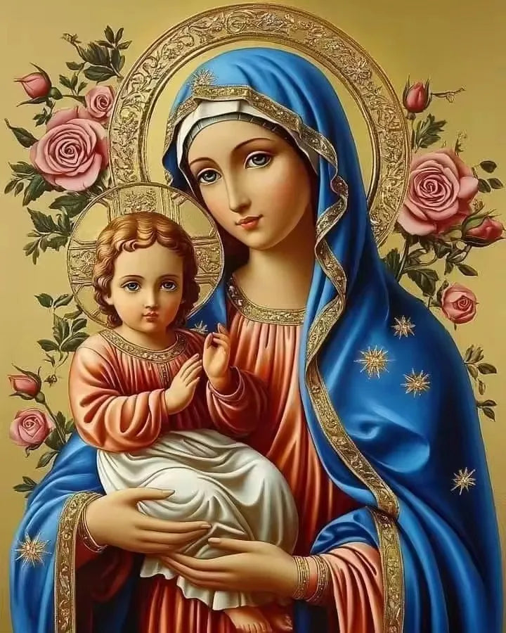 Beadslove Virgin Mary and Jesus 5D diamond painting kit with full drill, showcasing vibrant diamond beads and detailed religious artwork.