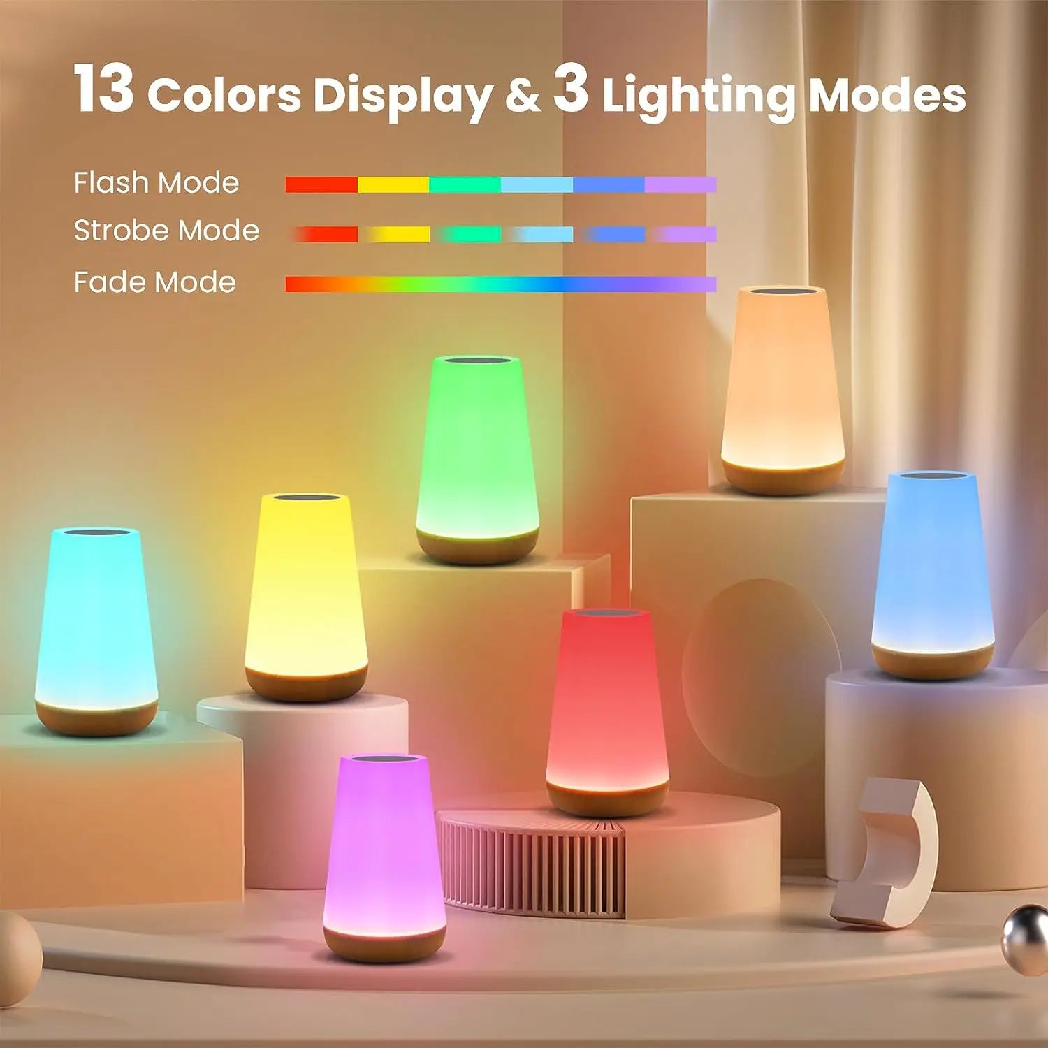 Showlu Smart General RGB Touch Remote Night Light displaying colorful lighting and touch controls in a cozy bedroom setting.
