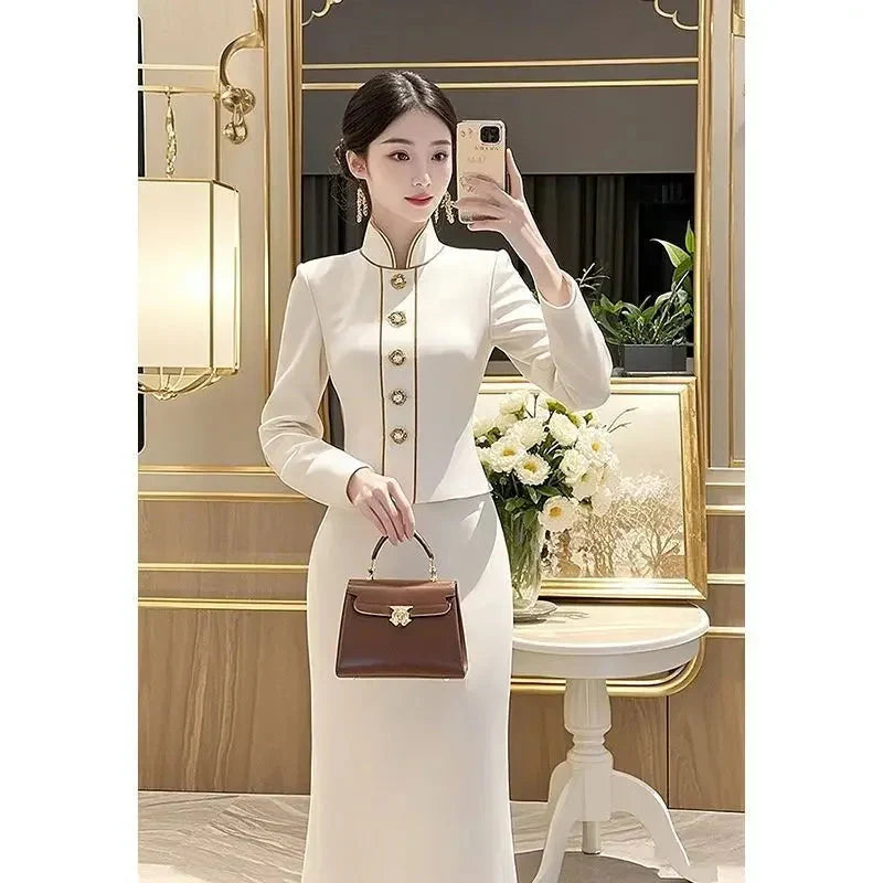 SHOWLU FASHION Women's satin two-piece set featuring an embroidered coat and matching midi skirt, styled for elegant wear.