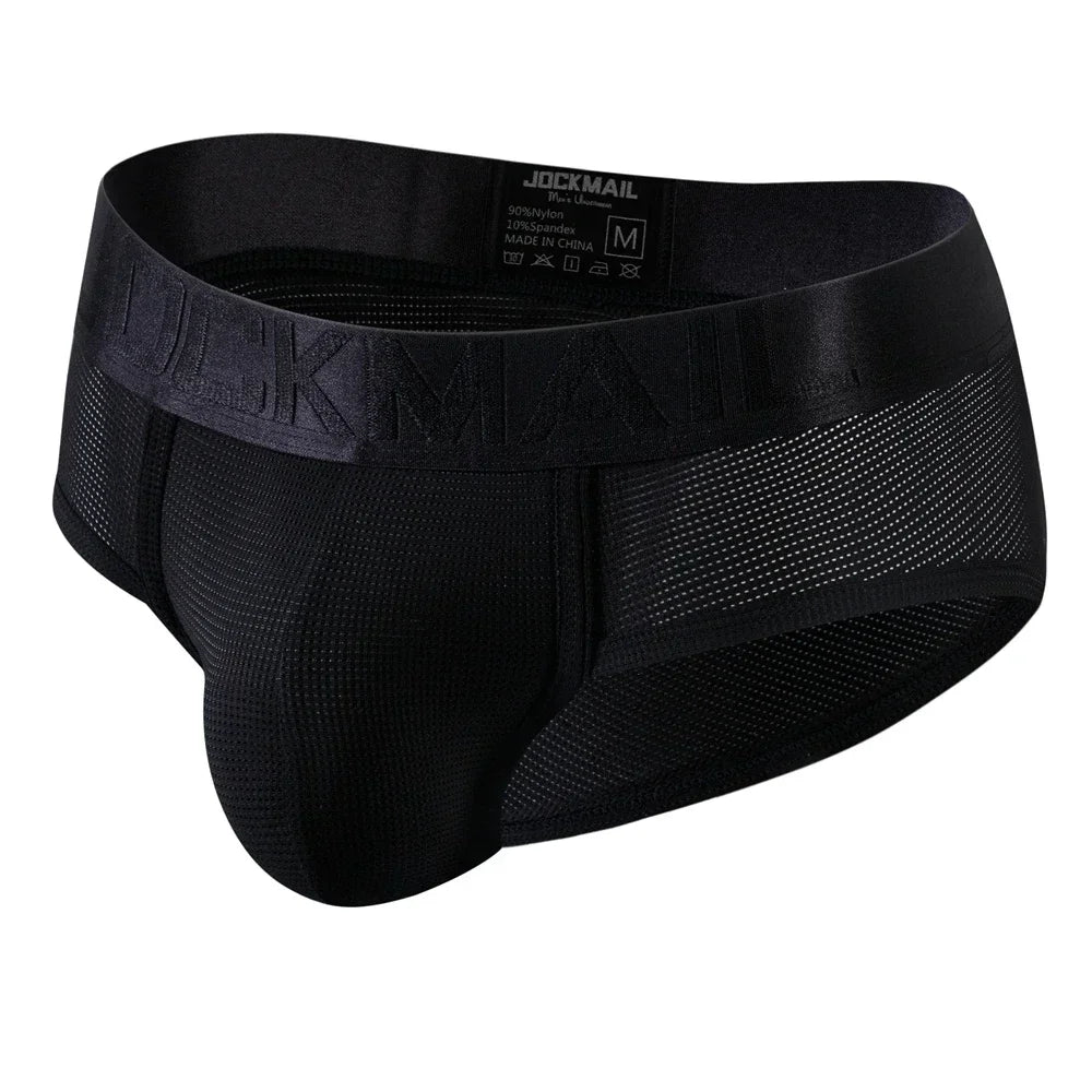 Men's nylon mesh briefs by JOCKMAIL, quick-dry solid color underwear with breathable mesh fabric, designed for comfort and support.