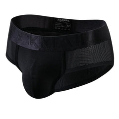 A pair of black JOCKMAIL men's mesh bikini briefs with an elastic waistband.