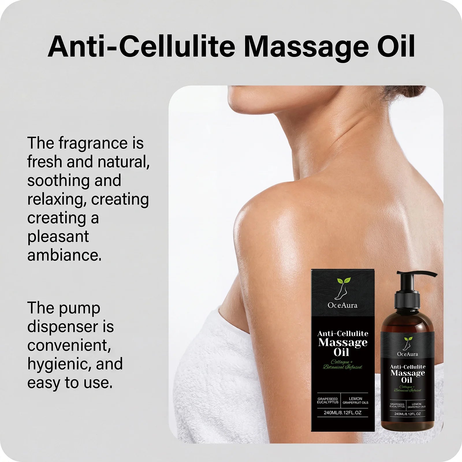 OceAura Collagen Body Oil by Showlu Fashion Store, a firming and anti-cellulite massage oil in a sleek bottle.