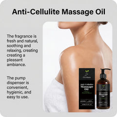 OceAura anti-cellulite massage oil bottle and box next to a person with glowing skin.