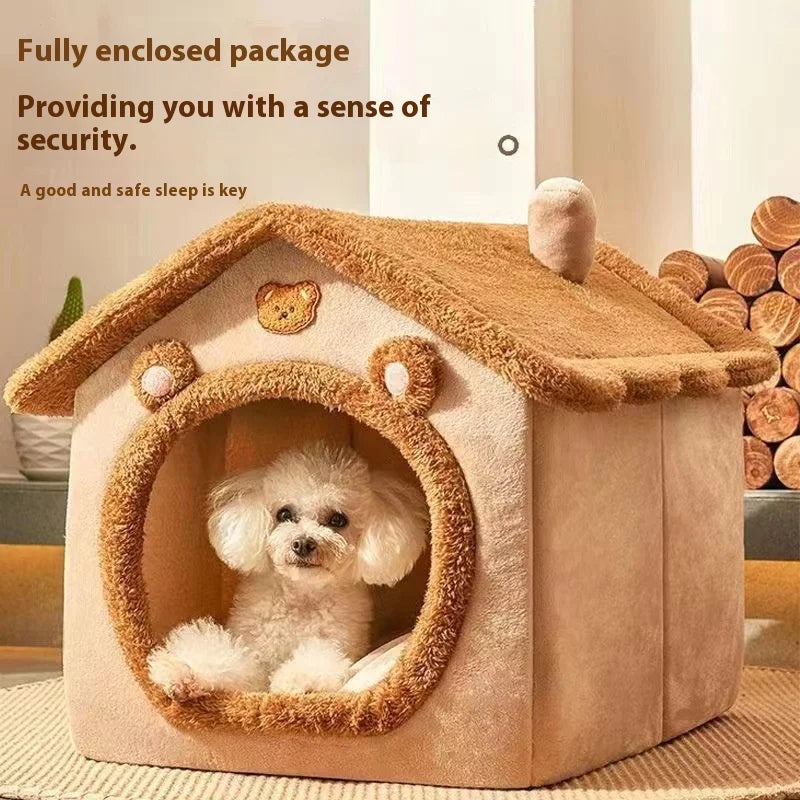 Warm coral fleece Showlu All Season Dog House Bed, washable pet bed with cozy design for dogs in a comfortable indoor setting.