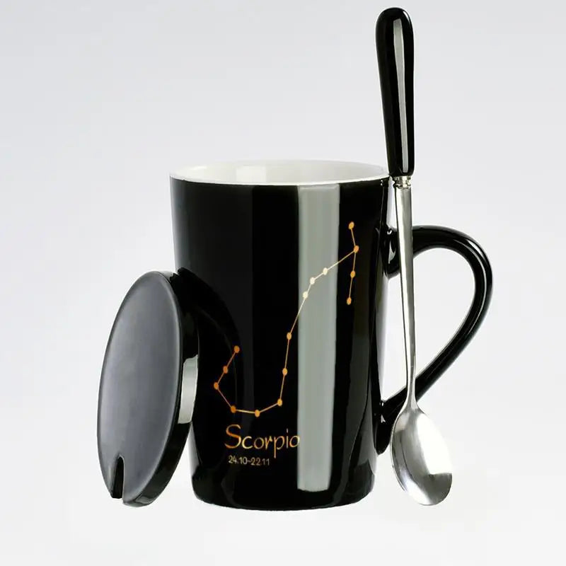 Black Showlu 12 Zodiac Signs ceramic coffee mug with lid and spoon, featuring detailed zodiac symbols on a sleek black finish.
