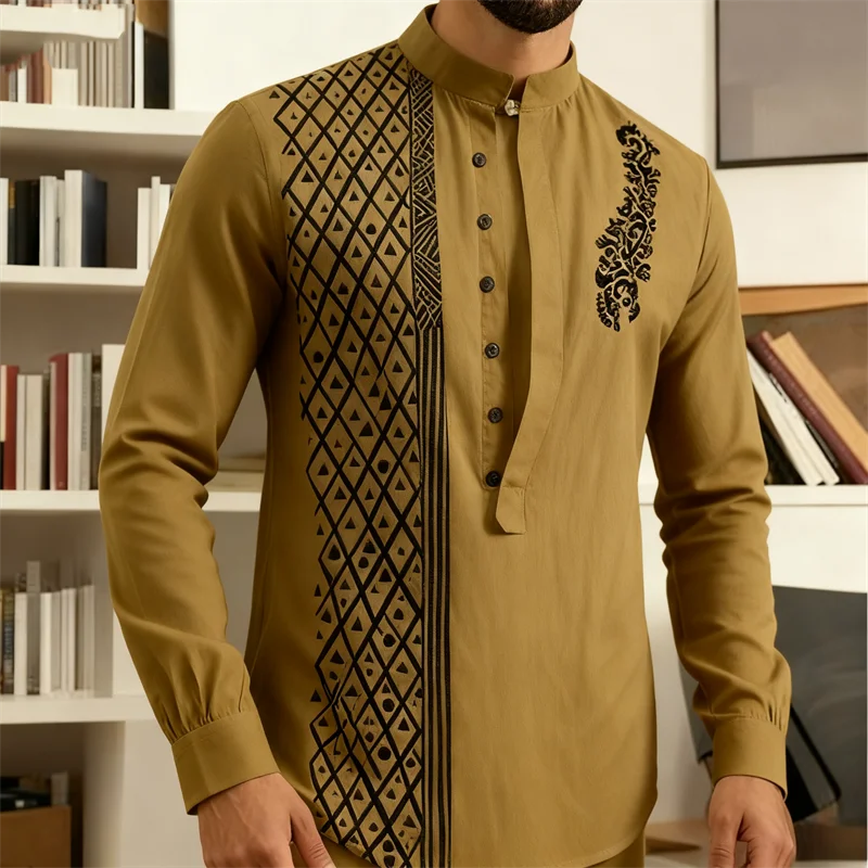 Men's long sleeve button shirt with 7 buttons, casual loose fit, Henley style in a beach-inspired design by Showlu Fashion.