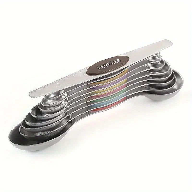 Showlu Smart General magnetic measuring spoons set with stainless steel bowls and a magnetic handle for easy storage.