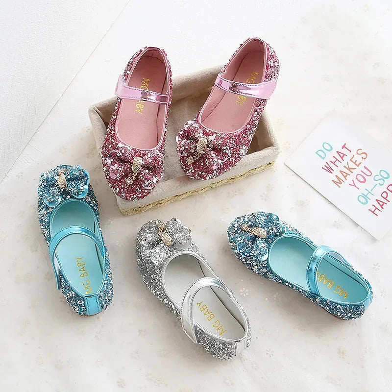 Showlu girls' sequin rhinestone princess flats with PU leather, featuring shiny sequins and a comfortable slip-on design.