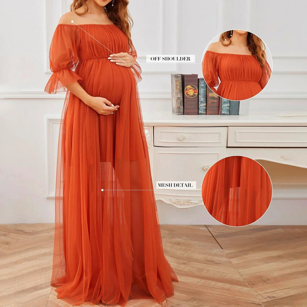 SHOWLU FASHION STORE Cathery off-shoulder tulle maternity dress with lace details, perfect for photoshoots and special occasions.