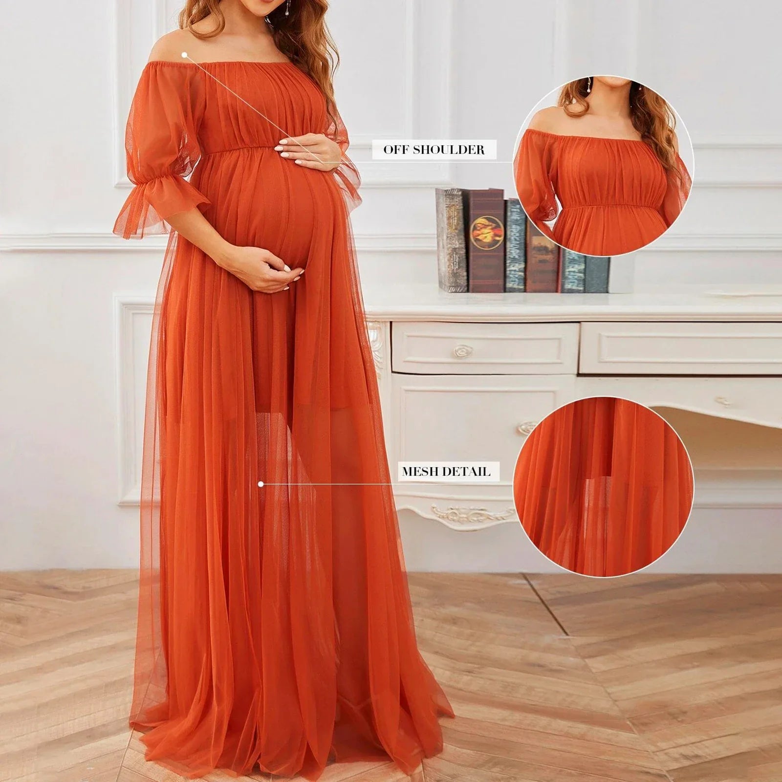 SHOWLU FASHION STORE Cathery off-shoulder tulle maternity dress with lace details, perfect for photoshoots and special occasions.