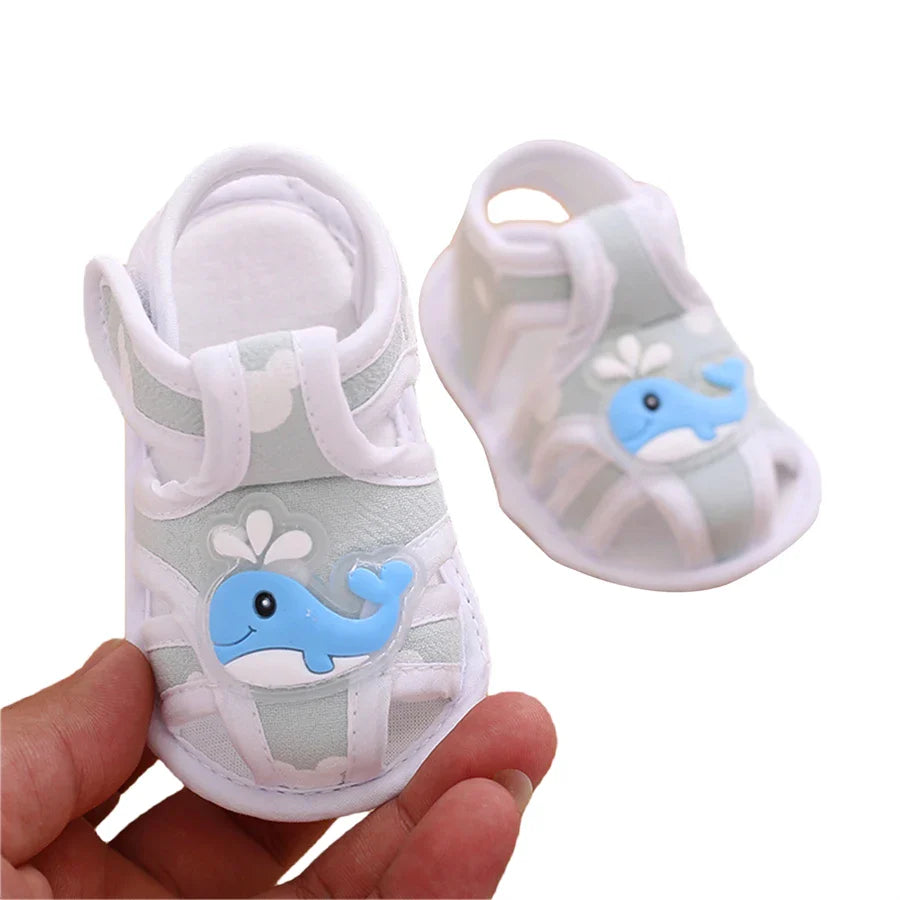Cute cartoon non-slip baby sandals for toddlers from Emmababy First Walkers, featuring colorful design and soft sole for safe walking.