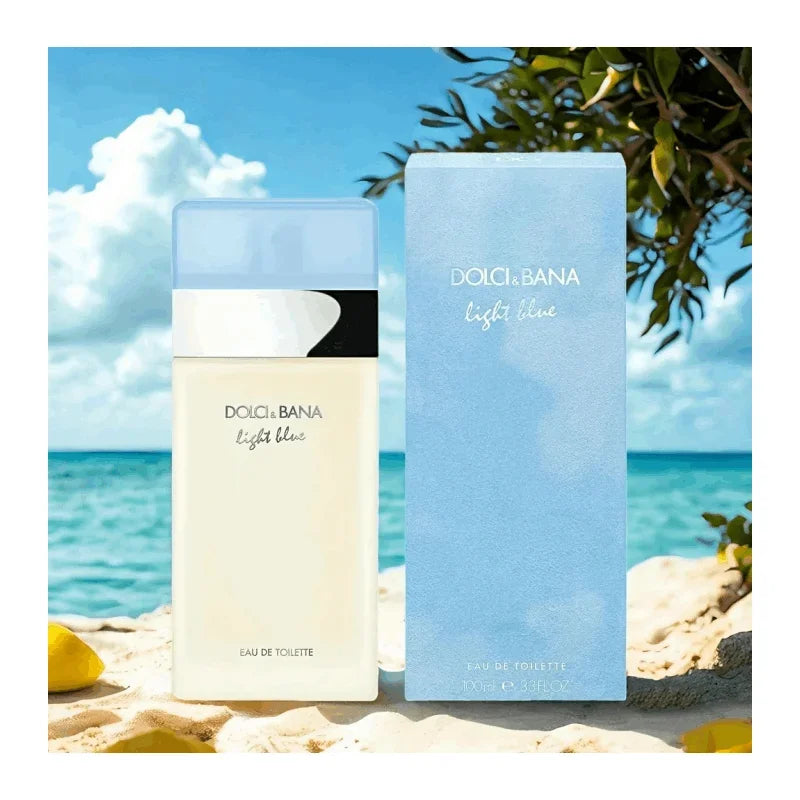 Light blue unisex perfume bottle from Dolci & Bana with fresh floral citrus notes, 100ml EDT, sleek and elegant design.