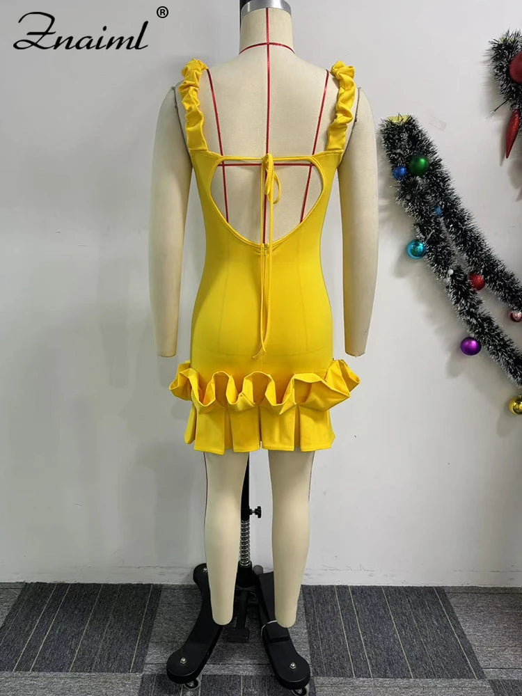 Yellow sexy ruffle bodycon spaghetti strap mini dress with V-neck and backless design, perfect for evening or prom by Showlu Fashion Store.