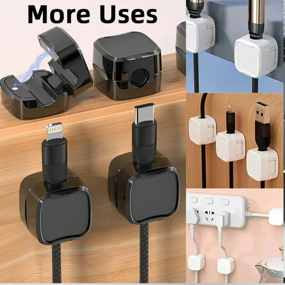 Showlu Smart Magnetic Cable Clips Organizer holding charging cables on a desk for neat wire management.