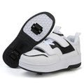 Kids Jlmoito roller skates with two wheels and chunky white skateboard shoes, designed for children’s active outdoor play.