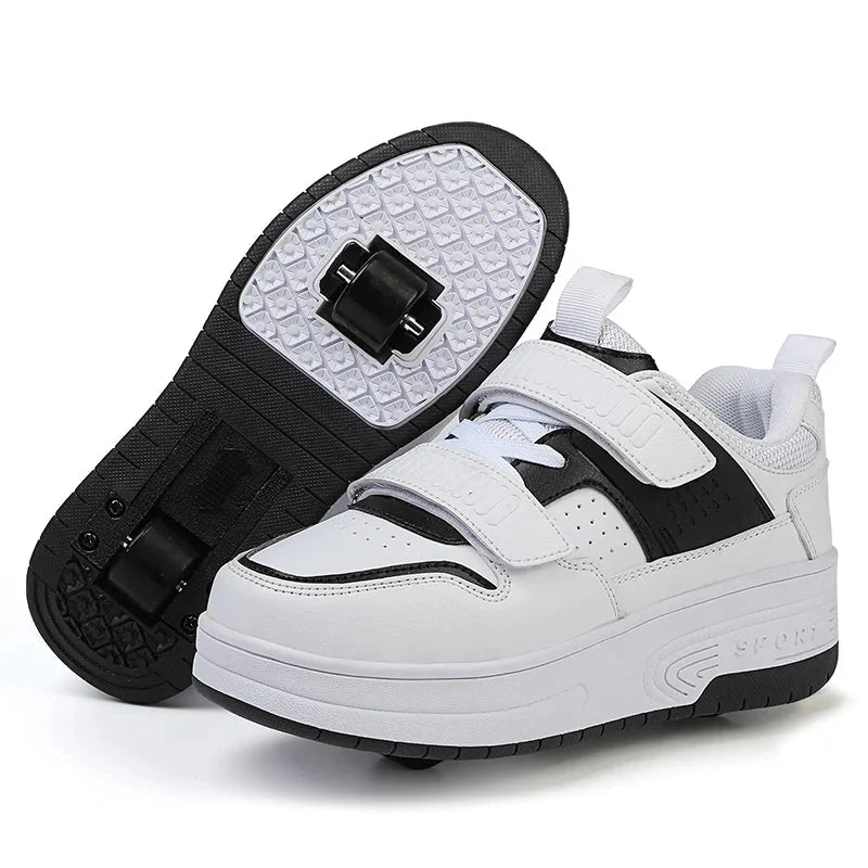 Kids Jlmoito roller skates with two wheels and chunky white skateboard shoes, designed for children’s active outdoor play.