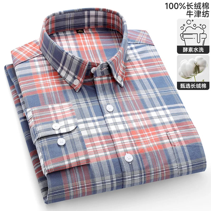 Long sleeve men's plaid Oxford shirt in 100% pure cotton with a soft, regular fit, available in 6XL and 7XL sizes.