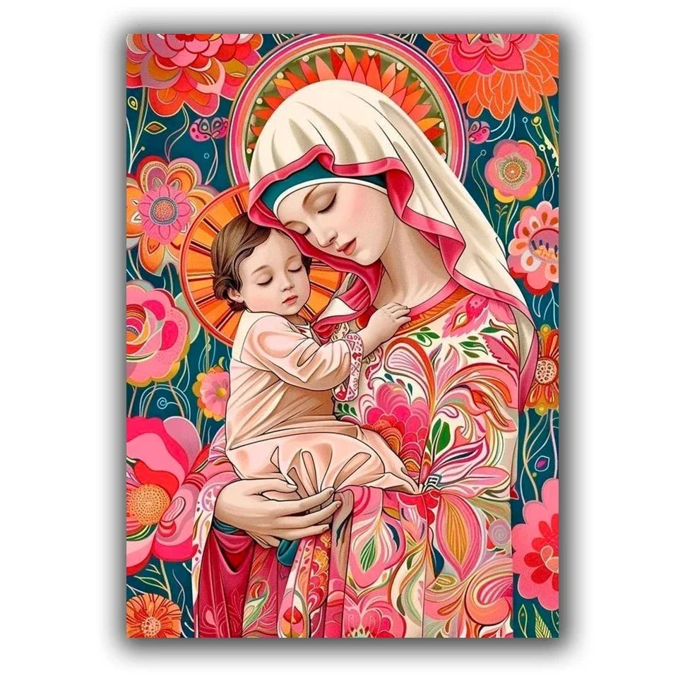 Beadslove Virgin Mary and Jesus 5D diamond painting kit with full drill, showcasing colorful diamond beads and detailed religious artwork.