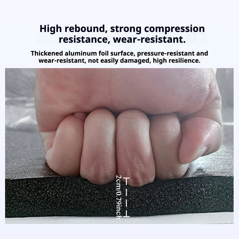 Self-adhesive aluminum foil insulation roll for soundproofing and heat reduction in RVs, showing the shiny, flexible insulation material.