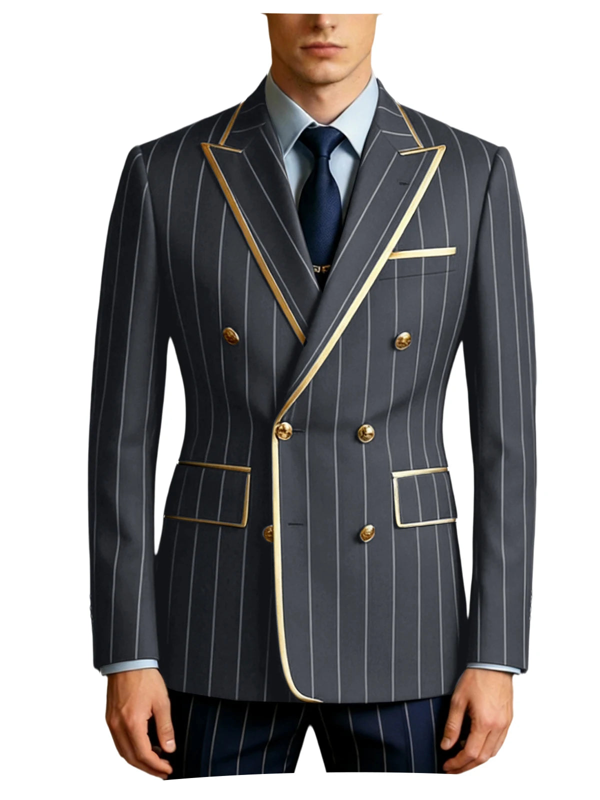 Men's Pinstripe Blazer Double Breasted Gold Trim Slim Fit Suit Jacket Peak Lapel Business Formal Tuxedo Coat for Wedding Prom