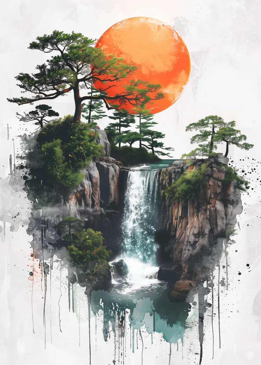 Japanese landscape art featuring samurai, geisha, bonsai, torii gate, sakura, and traditional scenery on a canvas print for home decor.