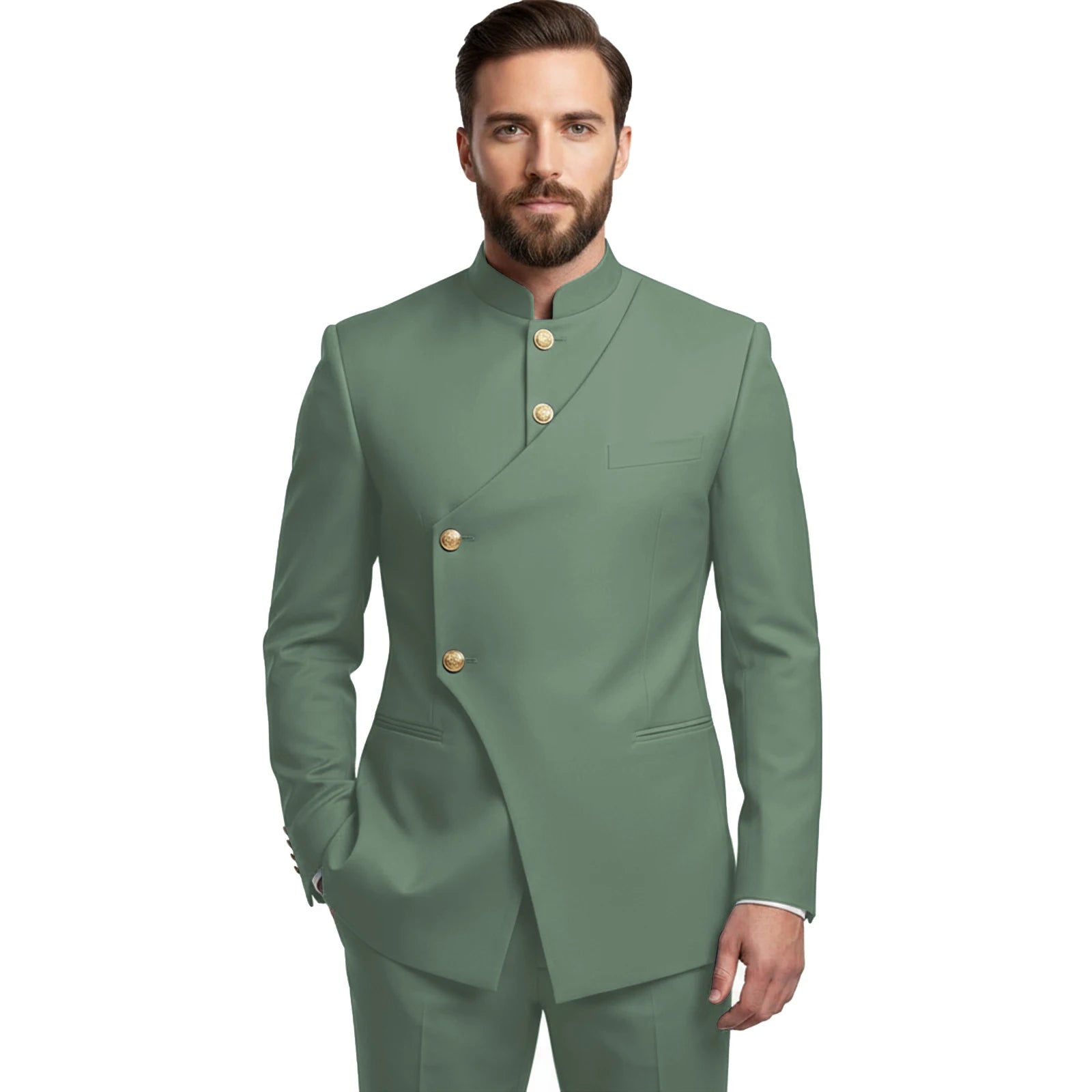Chinese Suit Men 2 Piece Tunic Suits Slim Fit Safari Suits for Men Mandarin Collar Suit Blazer Pants Set