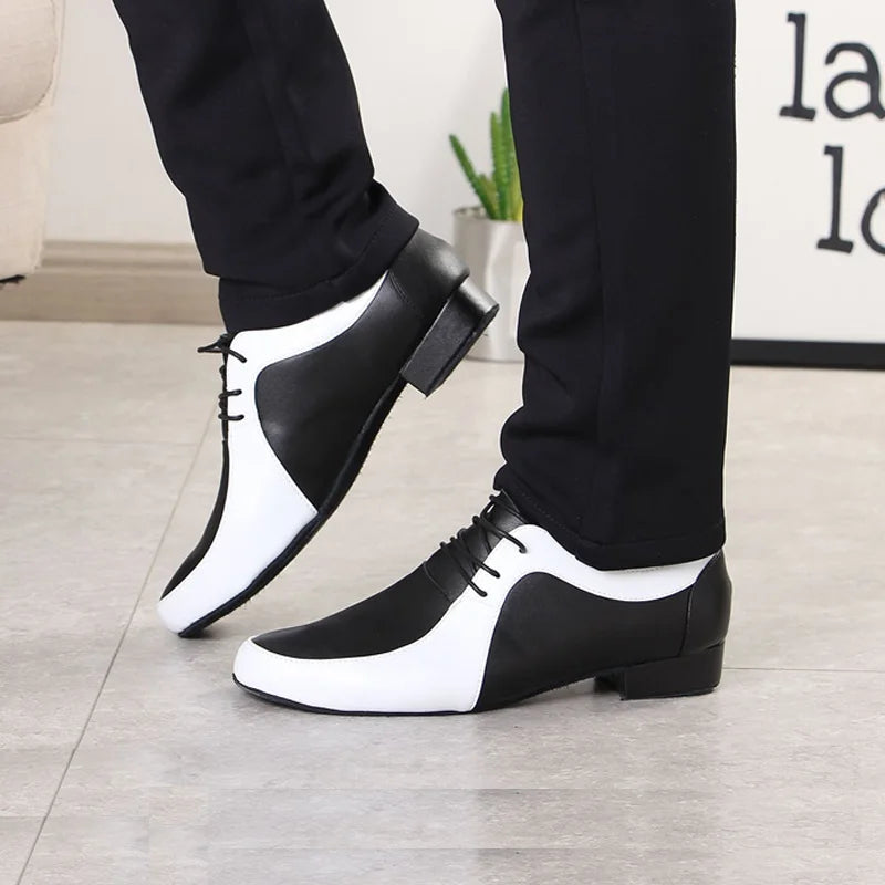 Men's modern Latin dance shoes by Showlu Fashion with mosaic color sneakers, suitable for social dance, prom, and wedding dress occasions.
