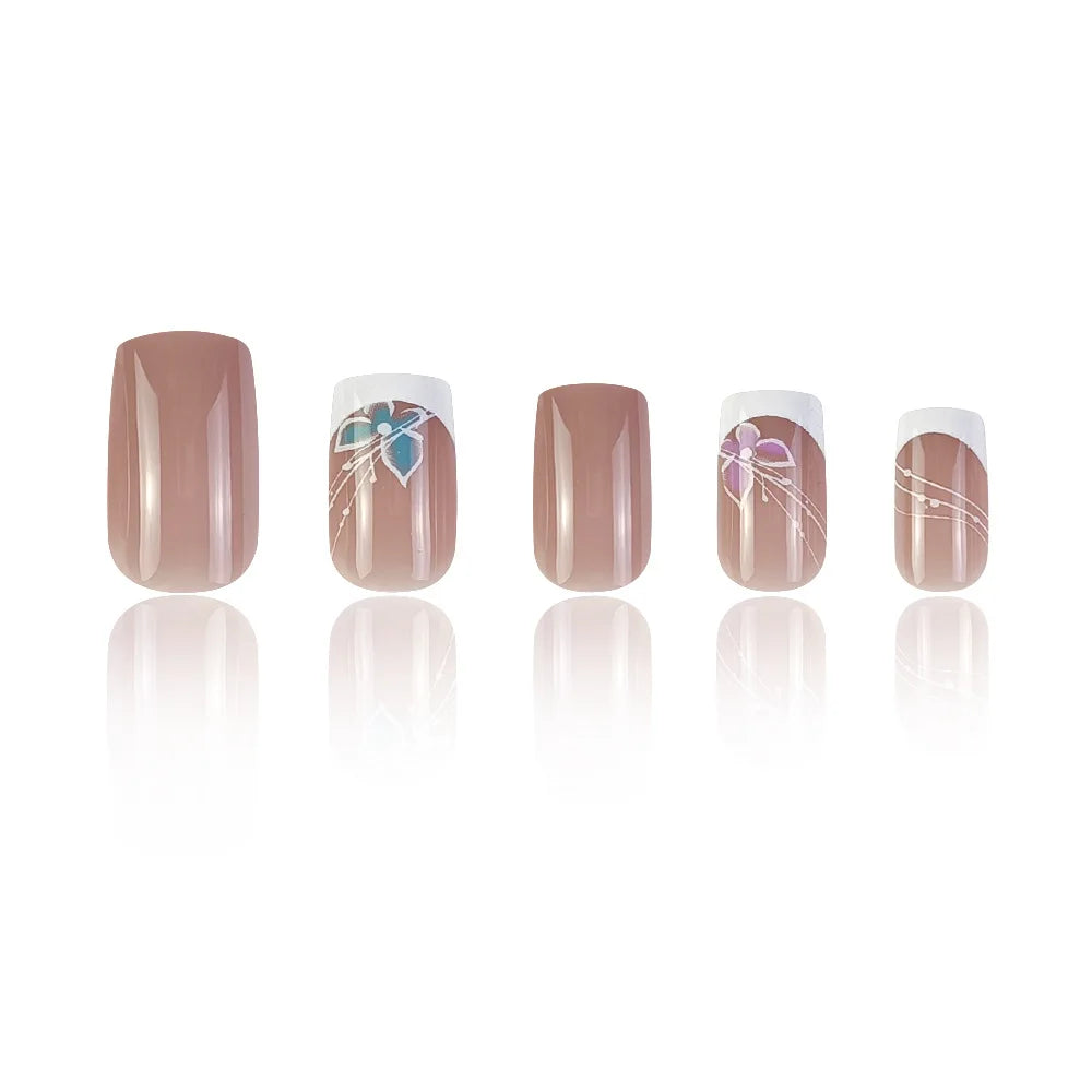 Set of 24 short square artificial fake nails with French white and pink design, butterfly accents, reusable acrylic false nails by Showlu Fashion
