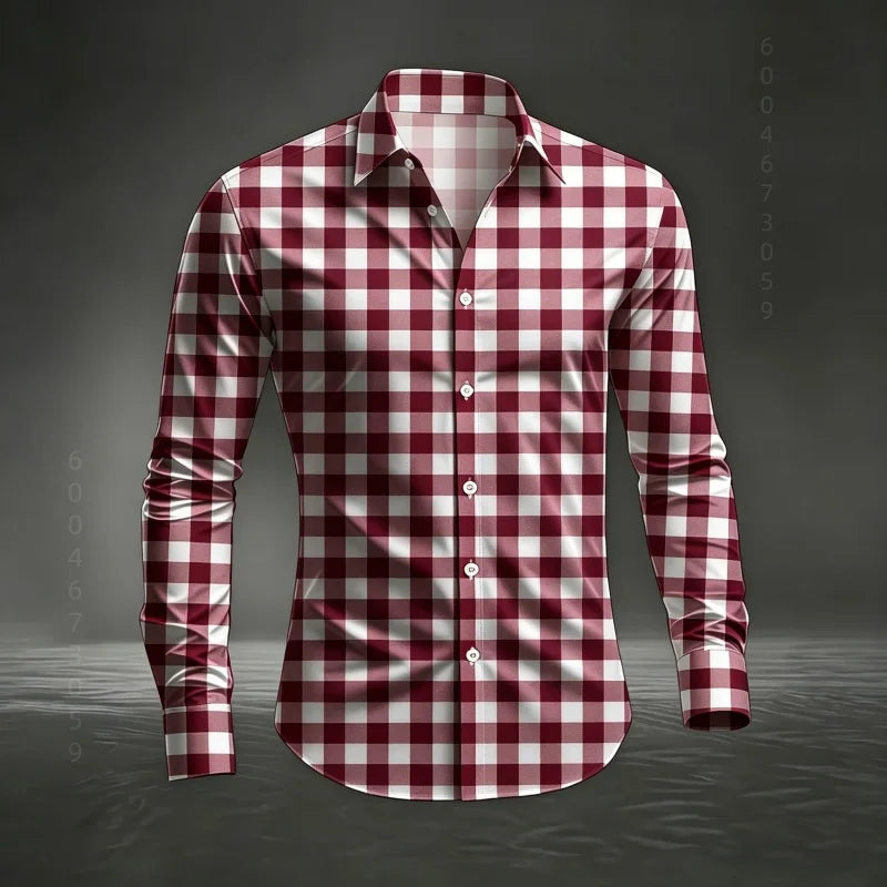 2026 Men's New Classic Plaid Shirt with Plaid Printing, Slim Fit Collar Long Sleeve Shirt, Men's Top, Comfortable Fabric XS-6XL