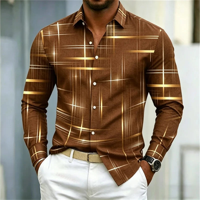 2026 men's shirt with fashionable printed lines, checkered long sleeved shirt, lapel, slim fit, business casual men's shirt