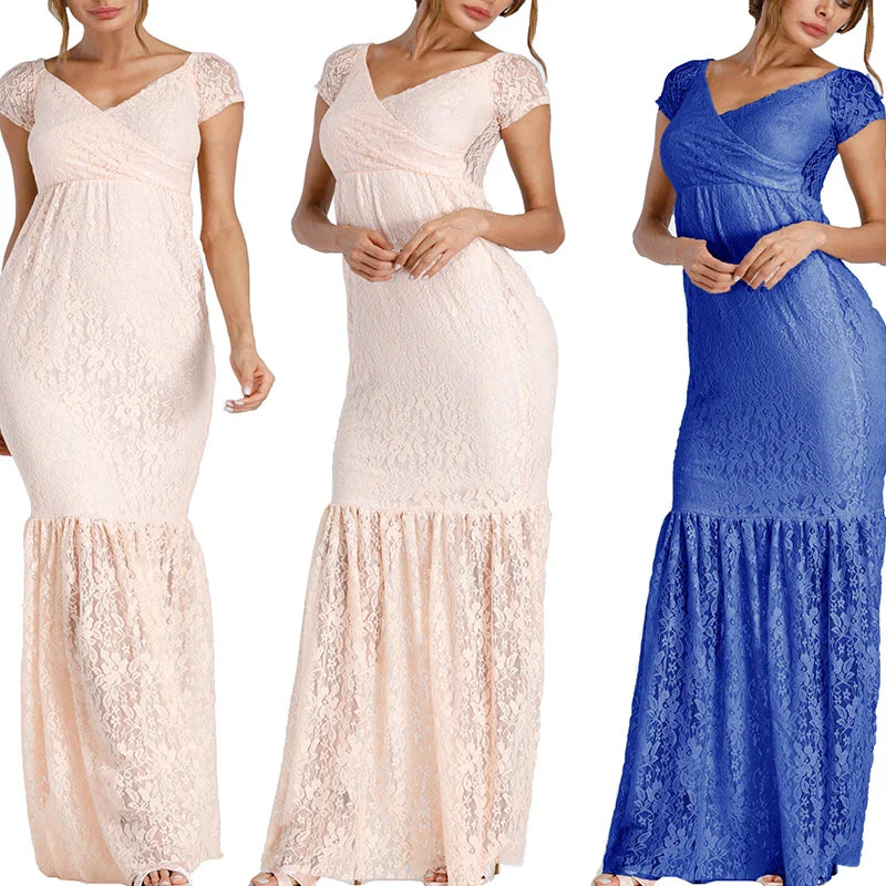 Long sleeve mermaid lace maternity gown by SHOWLU FASHION STORE, elegant maxi dress for maternity photography featuring intricate lace details.