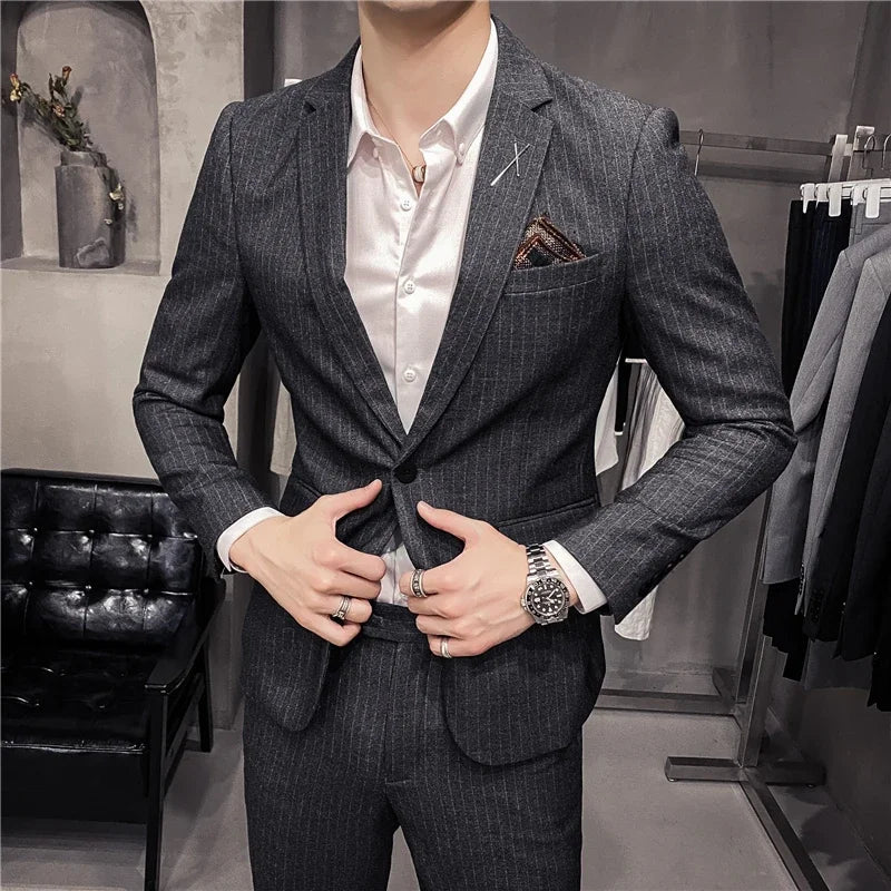 ( Blazer + Pants ) High-end Brand Formal Business Plaid Mens Suit Groom Wedding Dress Solid Color Stage Performance Tuxedo S-7XL SHOWLU FASHION STORE