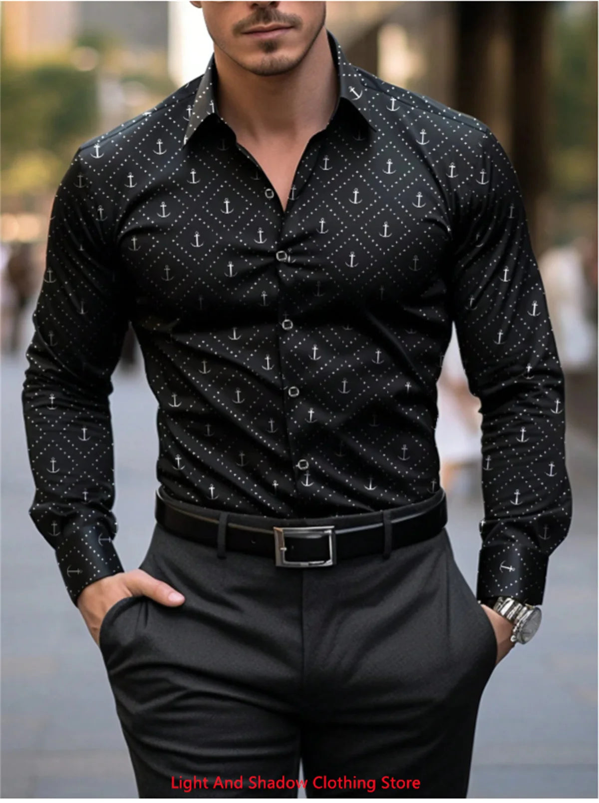 Showlu men's printed silk casual long sleeve shirt with button-up front and lapel, stylish and comfortable for everyday wear.