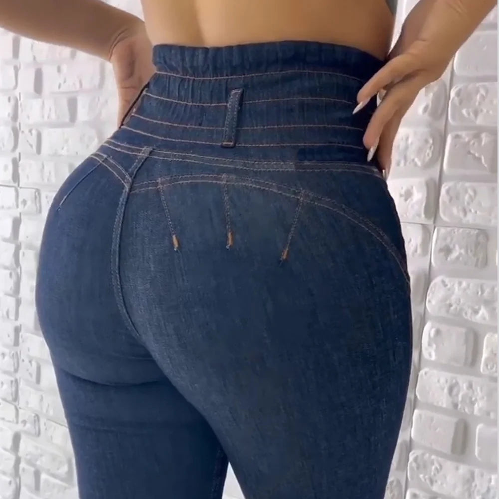 Women Fold Design Demin Pants Girls Streetwear Sexy Pencil Jeans High Waist Trousers 2023 European Fashion Skinny Pants Zipper