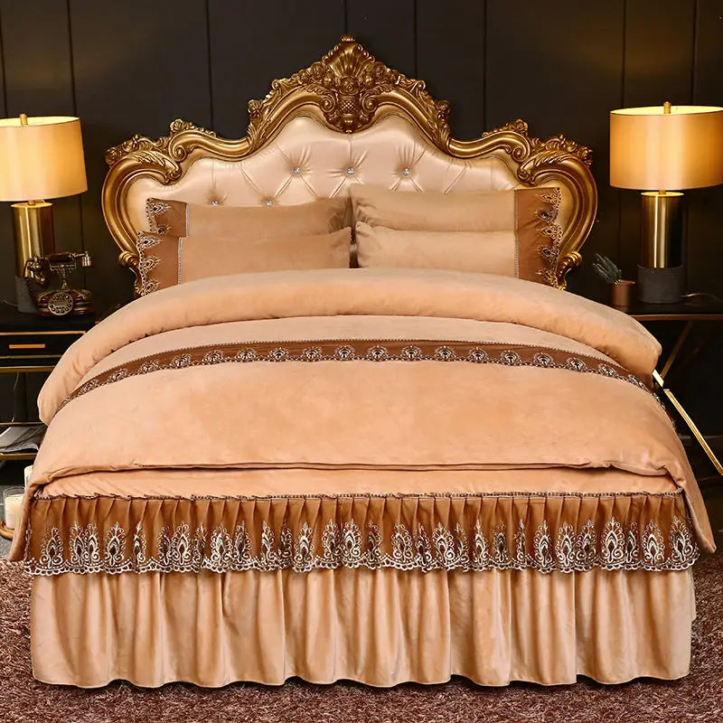 High Quality Luxury Thicken Velvet 4pcs Bedding Set Coral Fleece Bed Skirt Duvet Cover Pillowcase Plush Bed Set Queen Size