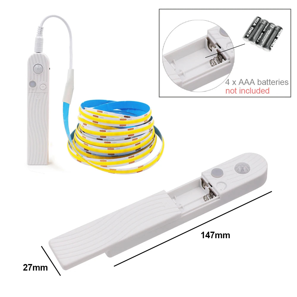 Showlu Smart Motion Sensor LED Strip Light with 5V USB, showcasing the flexible white LED strip with motion detection features.
