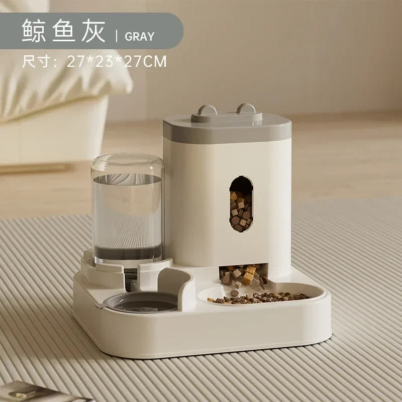 Showlu automatic pet feeder and water fountain with large capacity food bowl for cats and dogs, showing sleek design and dispensing features.