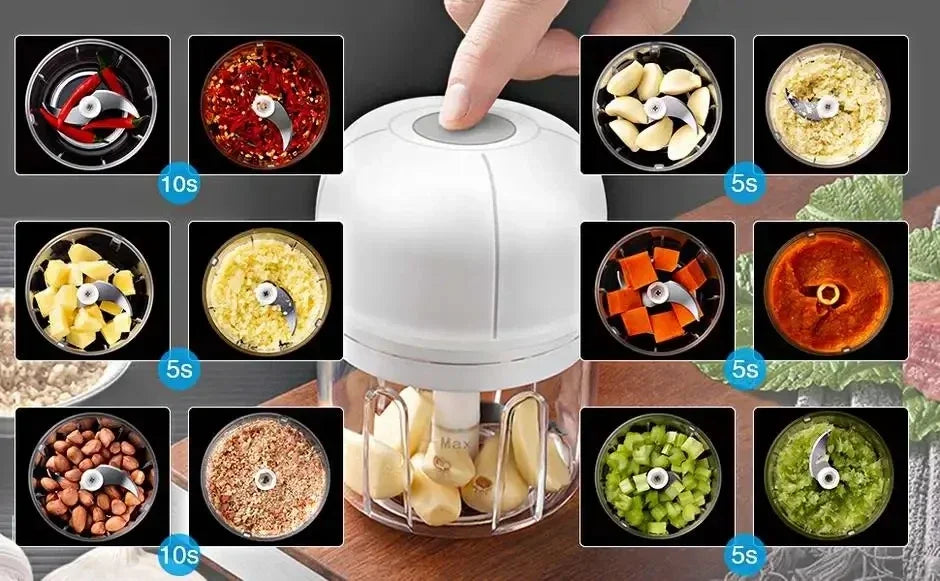 Showlu Smart General Mini Electric Garlic Grinder with stainless steel blades and compact design for easy garlic crushing.