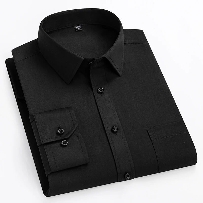 Showlu Fashion Store men's plus size slim fit formal long-sleeve plain shirt with double collar, suitable for office and business wear.