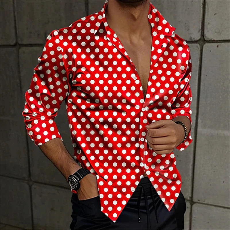 Showlu men's 3D spotted print long sleeve shirt with elegant casual style, featuring a fashionable design and comfortable fit.