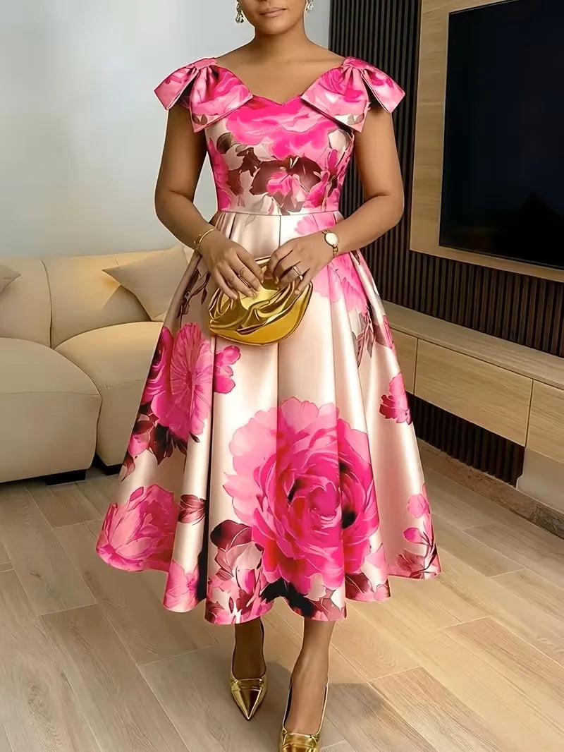 Elegant Dress Women for Wedding Party Summer African Half Sleeve Polyester Wedding Printing Midi Dress Dashiki Africa Clothing