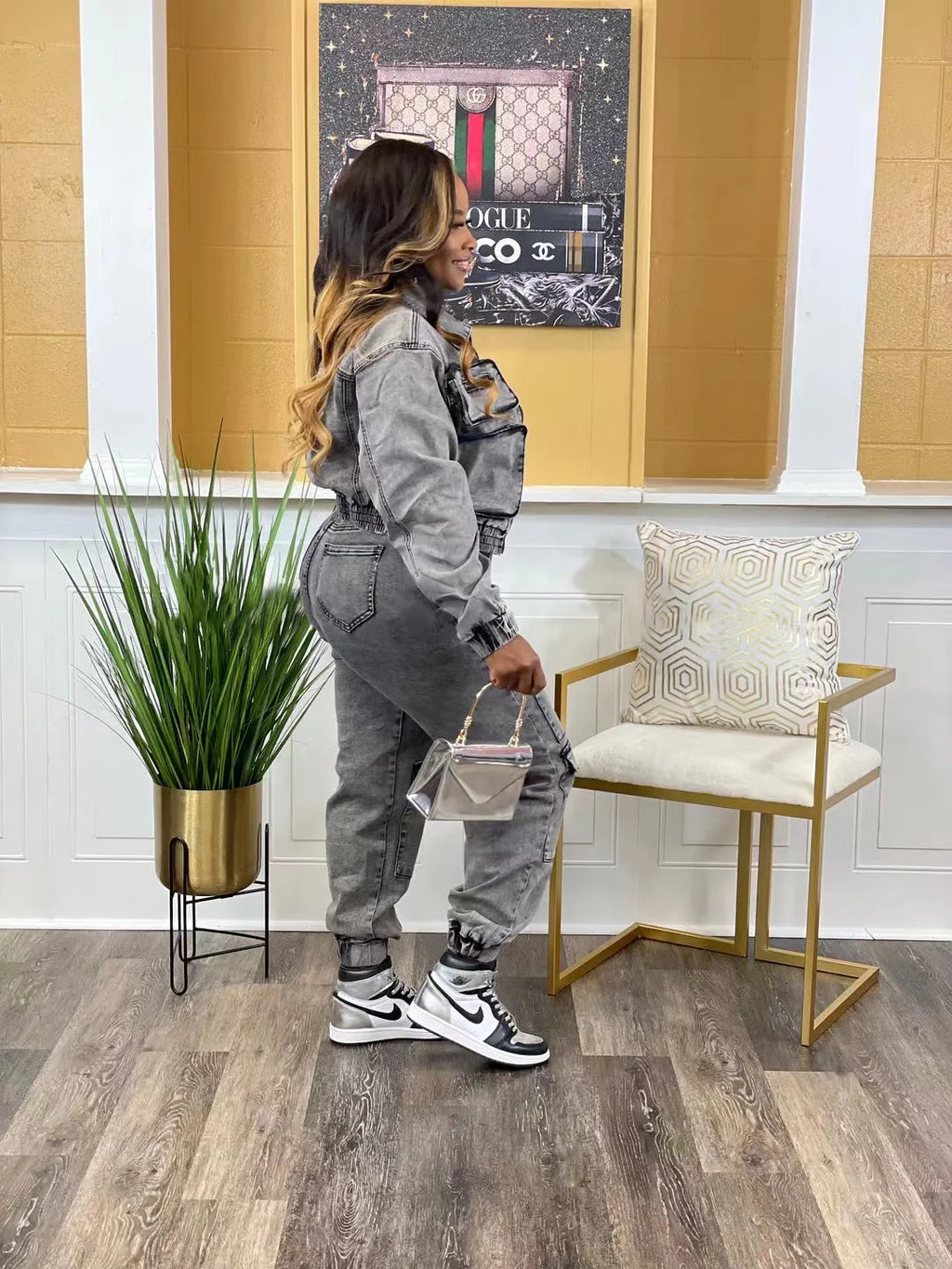 Long sleeve women's denim pant set with zipper tracksuit, cargo pockets, slim fit, ankle-length pants, and spliced high street style.