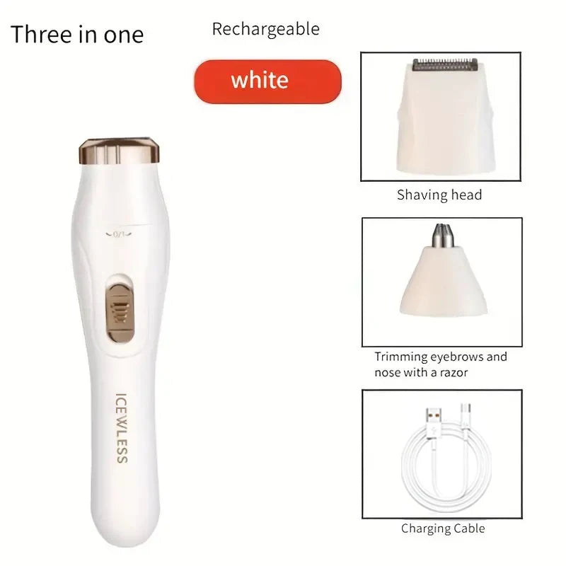 Showlu Fashion Store 3-in-1 shaver with USB charging for women, including underarm hair removal, eyebrow trimming, and nose hair grooming.